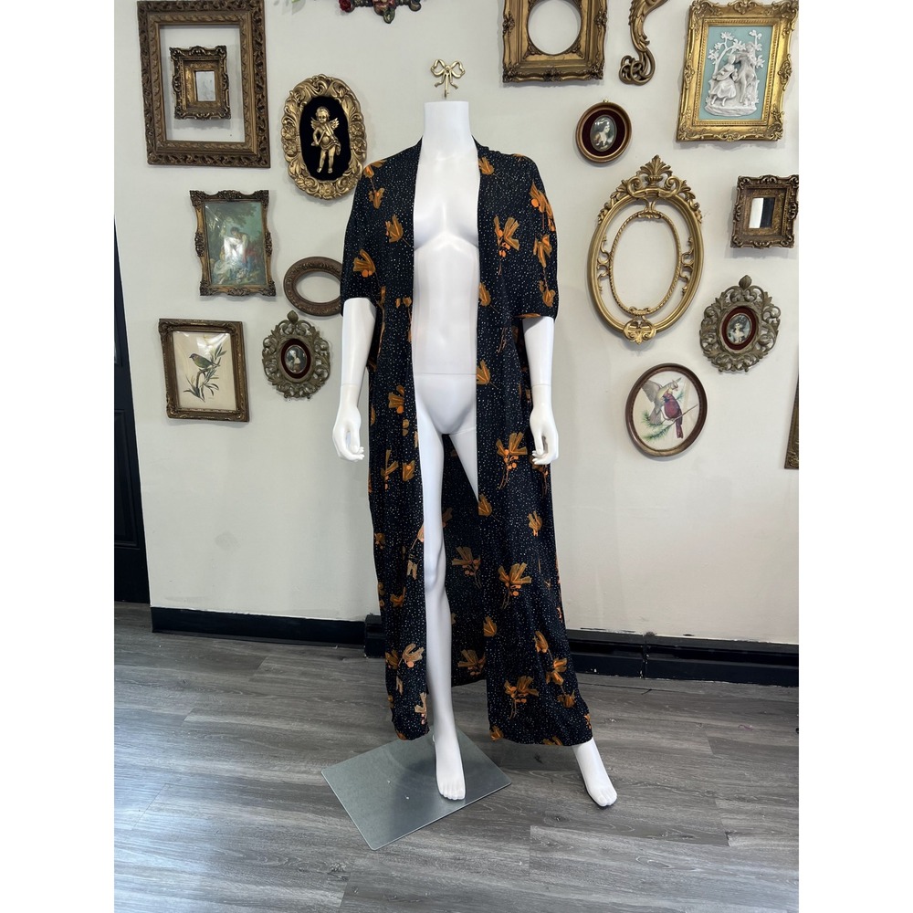 Bel Kazan Black Orange Floral Botanical Print Polka Dot Long Kimono Duster Robe
